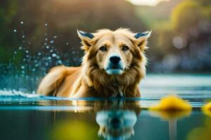 een hond is zwemmen in de water. ai-gegenereerd foto