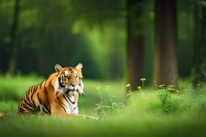 een tijger zittend in de gras in de Woud. ai-gegenereerd foto