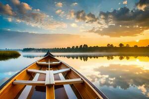 een kano is drijvend Aan de water Bij zonsondergang. ai-gegenereerd foto