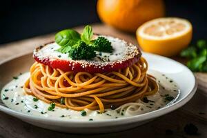 een bord van spaghetti met tomaten en kaas. ai-gegenereerd foto