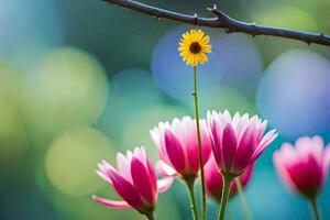 roze bloemen zijn staand in voorkant van een boom. ai-gegenereerd foto