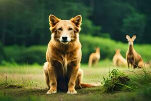 een hond zittend in de gras met hert in de achtergrond. ai-gegenereerd foto