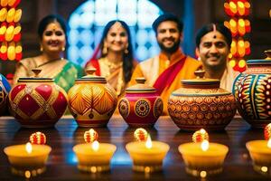 een groep van mensen in Indisch kleding zijn Holding lit kaarsen. ai-gegenereerd foto