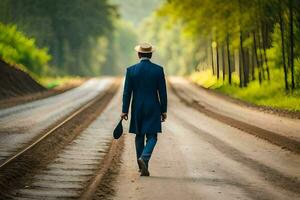 een Mens in een pak en hoed wandelen naar beneden een weg. ai-gegenereerd foto