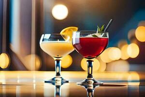 twee bril van cocktails Aan een tafel met bokeh. ai-gegenereerd foto