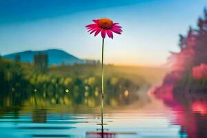 een single roze bloem staat in de midden- van een meer. ai-gegenereerd foto