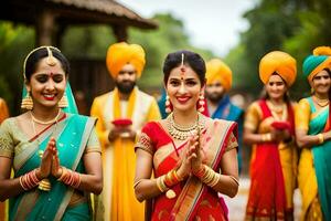 Indisch Dames in kleurrijk saris. ai-gegenereerd foto