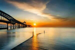 een lang pier met de zon instelling over- de water. ai-gegenereerd foto