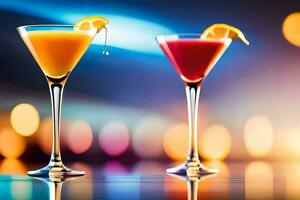 twee kleurrijk cocktails Aan een tafel met wazig lichten. ai-gegenereerd foto