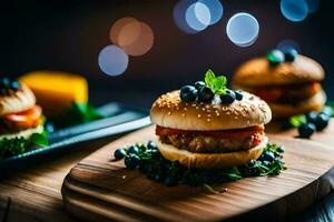 drie hamburgers met kaas en tomaten Aan een houten snijdend bord. ai-gegenereerd foto