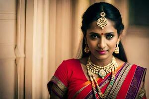 een mooi Indisch bruid in een rood sari. ai-gegenereerd foto