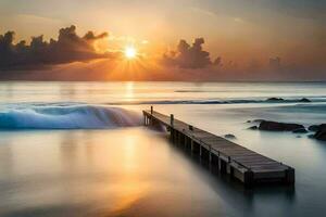 de zon stijgt over- de oceaan en een houten pier. ai-gegenereerd foto