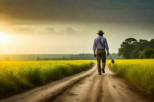 een Mens in een hoed wandelingen naar beneden een aarde weg in een veld. ai-gegenereerd foto