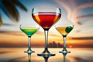 drie bril van cocktails Aan een tafel met zonsondergang in de achtergrond. ai-gegenereerd foto