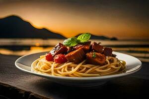 spaghetti met vlees en tomaat Aan een bord. ai-gegenereerd foto