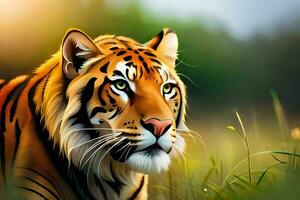 een tijger in de gras met een groen achtergrond. ai-gegenereerd foto