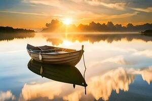 een boot drijvend Aan een kalmte meer Bij zonsondergang. ai-gegenereerd foto