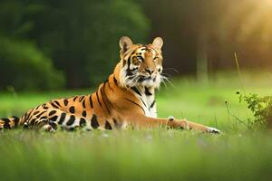 een tijger is zittend in de gras. ai-gegenereerd foto