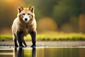 een wolf staand in de water met een achtergrond van bomen. ai-gegenereerd foto