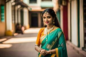 een mooi vrouw in een sari staand in een steeg. ai-gegenereerd foto