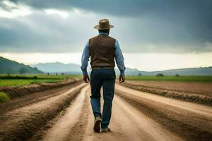 een Mens in een hoed en hesje wandelen naar beneden een aarde weg. ai-gegenereerd foto