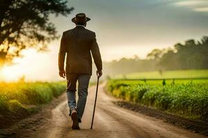 een Mens wandelen naar beneden een aarde weg met een riet. ai-gegenereerd foto