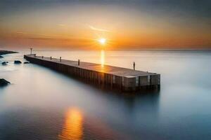 een lang blootstelling fotograaf van een pier Bij zonsondergang. ai-gegenereerd foto