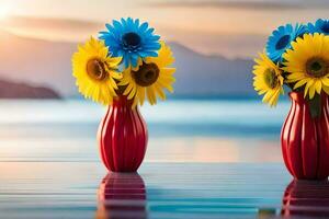 zonnebloemen in vazen Aan de strand. ai-gegenereerd foto