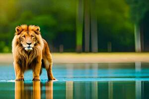 een leeuw staand in de water met haar reflectie. ai-gegenereerd foto