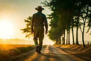 een Mens in een hoed wandelingen naar beneden een aarde weg. ai-gegenereerd foto