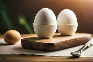 twee eieren Aan een houten snijdend bord. ai-gegenereerd foto
