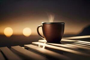 een kop van koffie Aan een tafel in voorkant van de zon. ai-gegenereerd foto