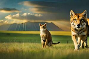 twee leeuwen en een kat wandelen in de gras. ai-gegenereerd foto