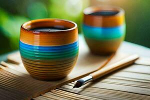 twee kleurrijk cups met een borstel Aan een bamboe tafel. ai-gegenereerd foto