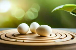 drie eieren Aan een houten dienblad met een groen fabriek. ai-gegenereerd foto