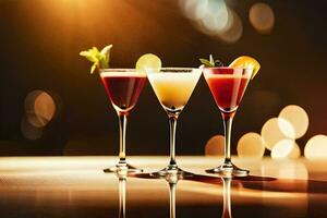 drie verschillend cocktails Aan een tafel. ai-gegenereerd foto