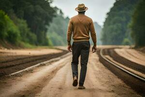 een Mens in een hoed wandelingen naar beneden een aarde weg. ai-gegenereerd foto