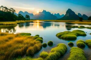 de zon stijgt over- een rivier- en bergen in China. ai-gegenereerd foto