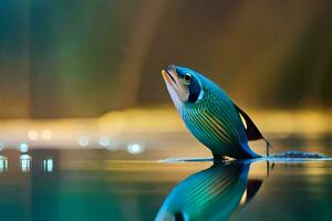 een vis is staand Aan water met een reflectie. ai-gegenereerd foto