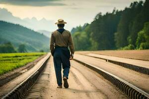 een Mens wandelen Aan spoorweg sporen in de platteland. ai-gegenereerd foto