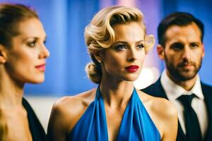 drie Dames in blauw jurken staand samen. ai-gegenereerd foto