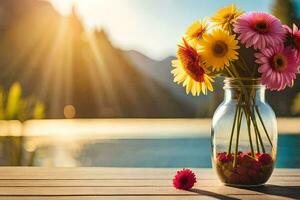 een vaas met bloemen zittend Aan een tafel in de buurt een zwembad. ai-gegenereerd foto