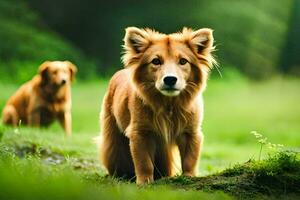 twee honden zijn staand in de gras. ai-gegenereerd foto