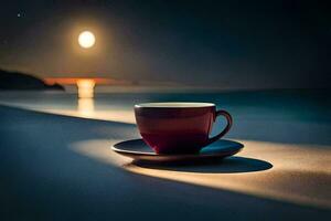 een kop van koffie Aan de strand Bij nacht. ai-gegenereerd foto