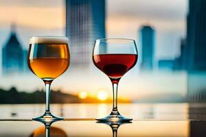 twee bril van wijn en bier Aan een tafel in voorkant van een stad horizon. ai-gegenereerd foto