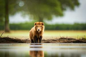 een leeuw staand in de water in de buurt een met gras begroeid veld. ai-gegenereerd foto