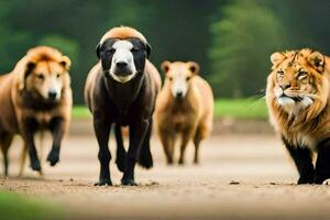 een groep van dieren wandelen samen. ai-gegenereerd foto