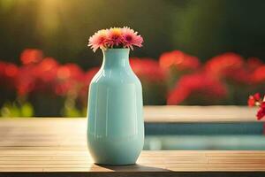 een blauw vaas met bloemen Aan een houten tafel. ai-gegenereerd foto