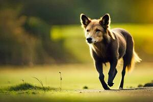 een hond wandelen Aan een pad in de gras. ai-gegenereerd foto