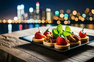 een bord van voedsel met aardbeien en een stadsgezicht in de achtergrond. ai-gegenereerd foto